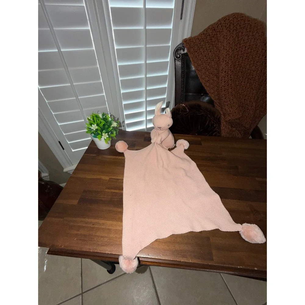 Pottery Barn Kids Pink Bunny Lovey Knit Cotton Pom Pom Security Blanket Plush